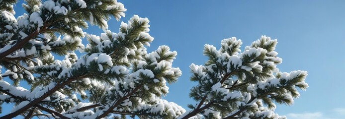 Snowy branches of pine tree against clear blue sky, evergreen branches, white snow