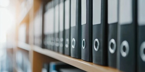 Organized collection of black office binders arranged neatly on the shelf in a bright workspace setting