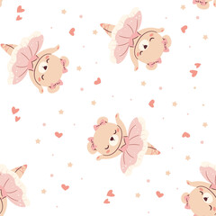Seamless vector pattern in a simple childish style. Cute bear in ballerina costume dancing on white background . Vector illustration © Alena