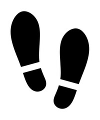 Pair of black footprints or shoe marks, isolated minimal graphic shapes. Clean bold silhouette design emphasizes geometric form and stark contrast.
