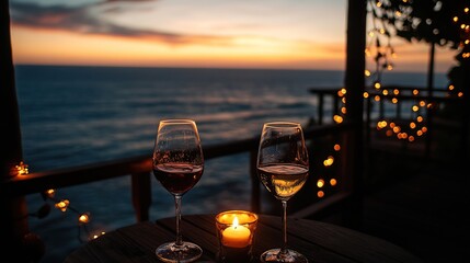 Romantic sunset ocean view with wine.