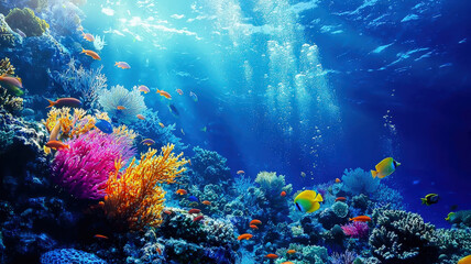 Naklejka premium A marine biologist dives underwater with scuba gear, studying vibrant coral reefs and marine life. Colorful fish and various sea creatures can be seen swimming among the corals. 