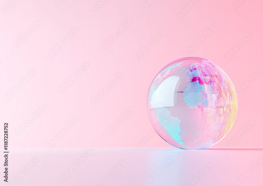 Aufkleber Holographic Globe with Financial Data on Pastel Background Abstract Global Economic Motion