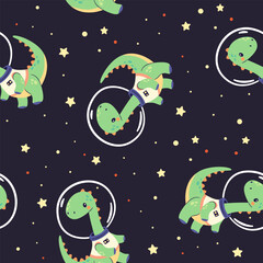 Seamless vector pattern on dark background. Cute dinosaurs flying in space, print for printing on children's products. Vector illustration