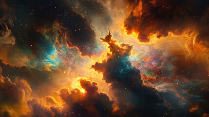 Obraz premium Cosmic Nebula: A Celestial Tapestry of Fiery Hues and Stellar Dust