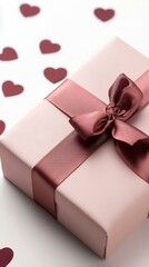Pink gift box with maroon ribbon, hearts background, Valentine's Day, present