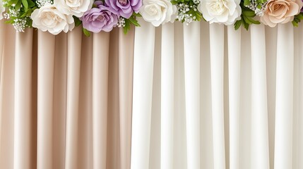 The elegant white curtain, adorned with colorful flowers, creates a romantic wedding backdrop for special moments