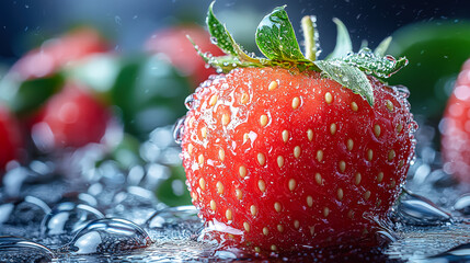 Red strawberry is sitting on a surface with water droplets on it. The water droplets give the image a refreshing and calming mood