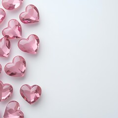 Fototapeta premium Pink glass hearts scattered on white background, copy space, Valentine's Day card design