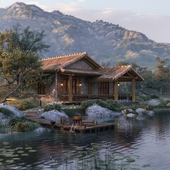 Naklejka premium Serene mountain lake house with wooden dock.