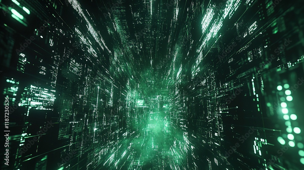 Poster digital data analysis and access in cyberspace with green lines