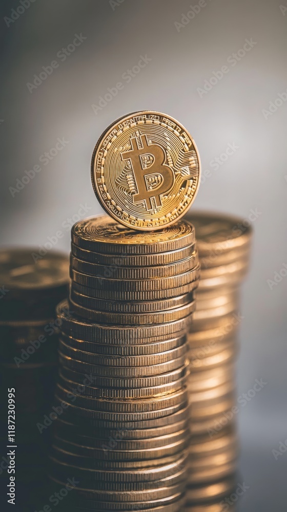 Poster gold bitcoin standing on a stack of coins representing the growth of cryptocurrency investments and 
