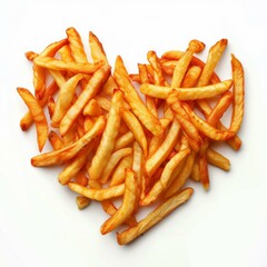 Delicious golden french fries forming a heart shape on a white background