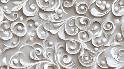 This seamless pattern has a grey background with white swirls, dots, and floral motifs, creating an elegant design SEAMLESS PATTERN