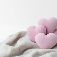 Fototapeta premium Pink heart pillows on beige fabric against white background; Valentine's Day card design