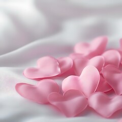 Fototapeta premium Pink hearts scattered on white silk fabric, soft focus background, Valentine's Day romance