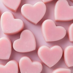 Obraz premium Pink heart-shaped soaps arranged on a pink background, overhead shot, for Valentine's Day or gift packaging