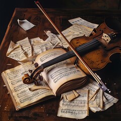 Naklejka premium Antique violin rests on aged sheet music.