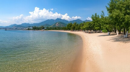 Fototapeta premium Sandy beach stretches along the coast , showcasing clear blue skies and gentle waves on a bright day