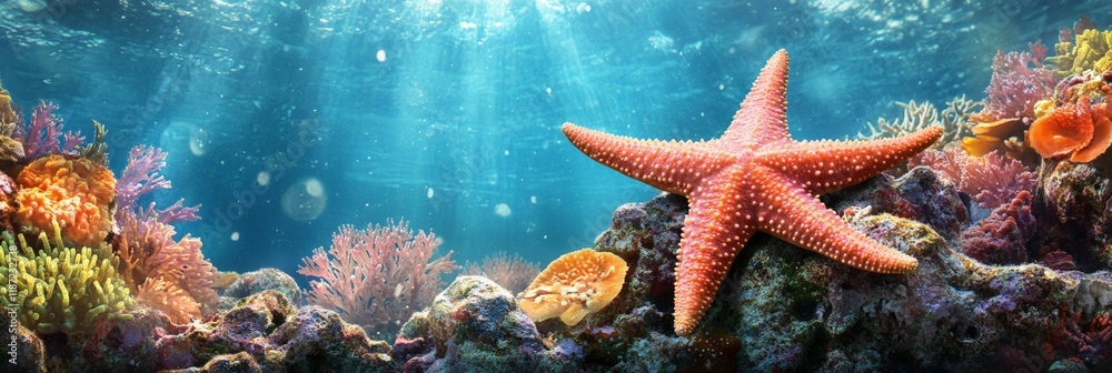 Poster sunlight filters through the clear ocean water, illuminating a vibrant coral reef where a starfish r