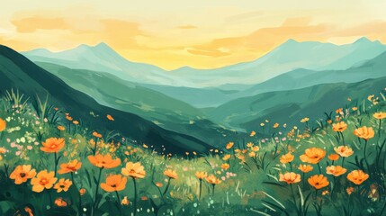 Beautiful meadow with wildflowers and scenic mountain landscape at sunset