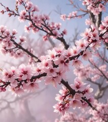 Obraz premium Soft pink colors merging with blooming plum blossoms, flowers, colors, trees