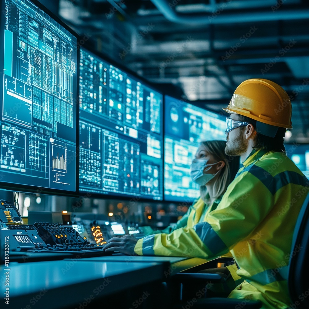 Aufkleber Engineers Monitoring Data in High-Tech Control Room with Futuristic Screens