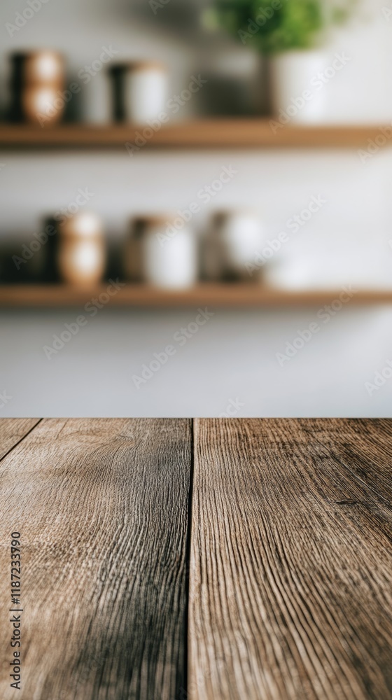 Poster empty rustic wooden table in a kitchen with shelves and jars in the background, providing a space fo