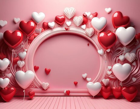 Marco De Fantas&iacute;a de color rosa pastel con globos blancos y rojos En Forma De Coraz&oacute;n, hiperrealistas, Concepto San Valent&iacute;n.