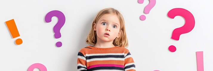 Confused preschool girl with blond hair and striped sweater is surrounded by colorful question and exclamation marks against a white background, representing questions, answers, and learning