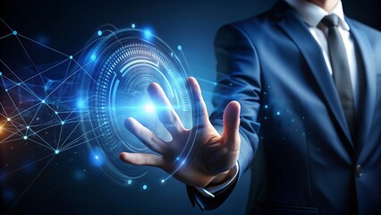 Dark Gradient Background with Realistic Hand and Tangible Icons for a Futuristic, Technology-Driven Design  