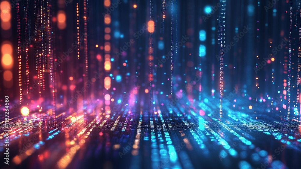 Poster futuristic cybersecurity concept with binary code and data streams