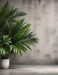 Obraz premium Stylish summer backdrop with tropical palm leaves on a textured concrete wall, fashionable, outdoor event, contemporary, urban