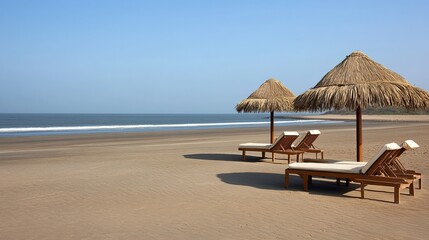 Thatched roof umbrellas and sunbeds line the beach, offering a perfect spot for relaxation under the clear blue sky by the Indian sea.