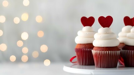 Red velvet cupcakes with heart decorations on a cake stand, romantic bokeh background, perfect for Valentine's Day cards