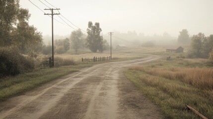 Foggy rural road winding through a misty field with utility poles and a distant barn.