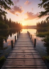 Obraz premium Sunset over a wooden bridge pier on a forest lake, natural, colorful