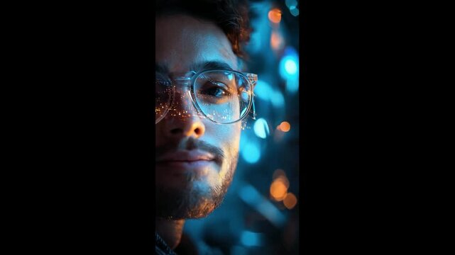 Futuristic reflection in glasses captures city night lights