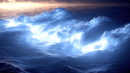 Fototapeta premium Glowing cloudscape at sunset over a dark ocean.