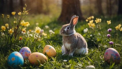 Easter bunny and easter eggs in the meadow with flowers
