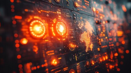 Glowing control panel with world map interface.