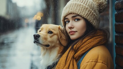 Young woman with Golden Retriever in snowy city.