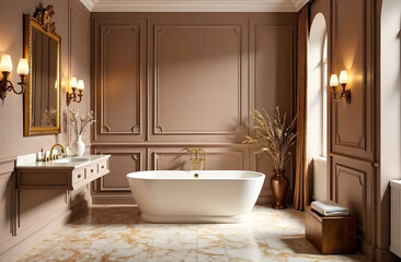 Elegant Neoclassical Bathroom in Mocha Mousse Color. Sophisticated neoclassical bathroom featuring mocha mousse walls, a freestanding bathtub with golden fixtures, ornate wall moldings