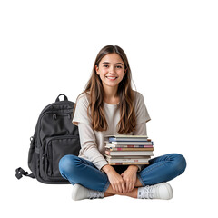 Smiling Teenage Girl Student Sitting with Backpack and Stack of Books, Education Concept, Happy Young Woman Studying, Casual Clothes, Blue Jeans,     