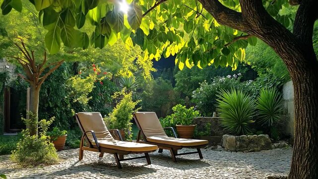 Lounge seats in the yard beneath a tree