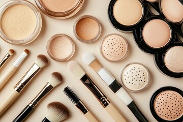 Creating a fashionable look with various makeup products and tools on a neutral background