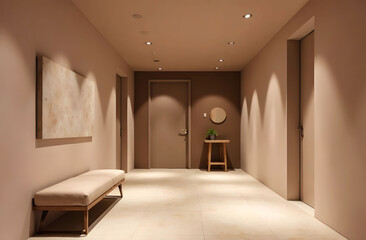 Modern Style Hallway in Mocha Mousse Tones. Modern hallway interior featuring Mocha Mousse tones, minimalist furniture, warm lighting, and neutral beige accents for a tranquil ambiance.