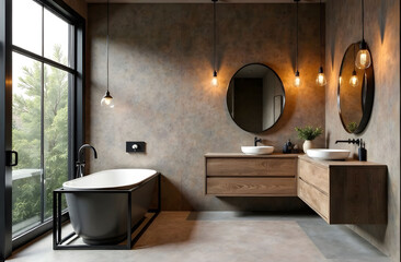 Industrial Bathroom with Mocha Mousse Accents. Industrial bathroom design showcasing Mocha Mousse tones, black freestanding tub, circular mirrors, pendant lighting, and natural wood textures.
