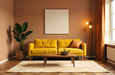 Retro Style Living Room with Mocha Mousse Color. Retro-inspired living room featuring a vibrant yellow sofa, Mocha Mousse walls, stylish decor, and warm lighting for a cozy ambiance.