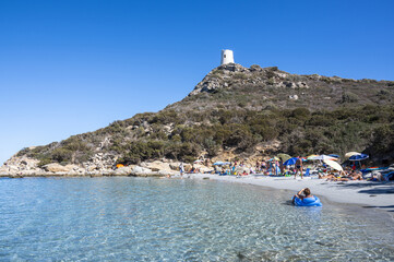 vIllasimius, Italy - 09-05-2024: the beautiful Cala Porto Giunco ​​beach in Villasimius with white sand and crystal clear water